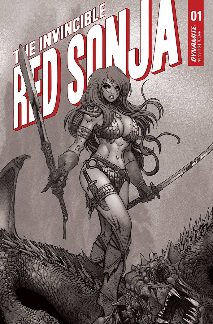 INVINCIBLE RED SONJA #1 1:7 INCV MORITAT B&W FOC INCV - Comicbookeroo